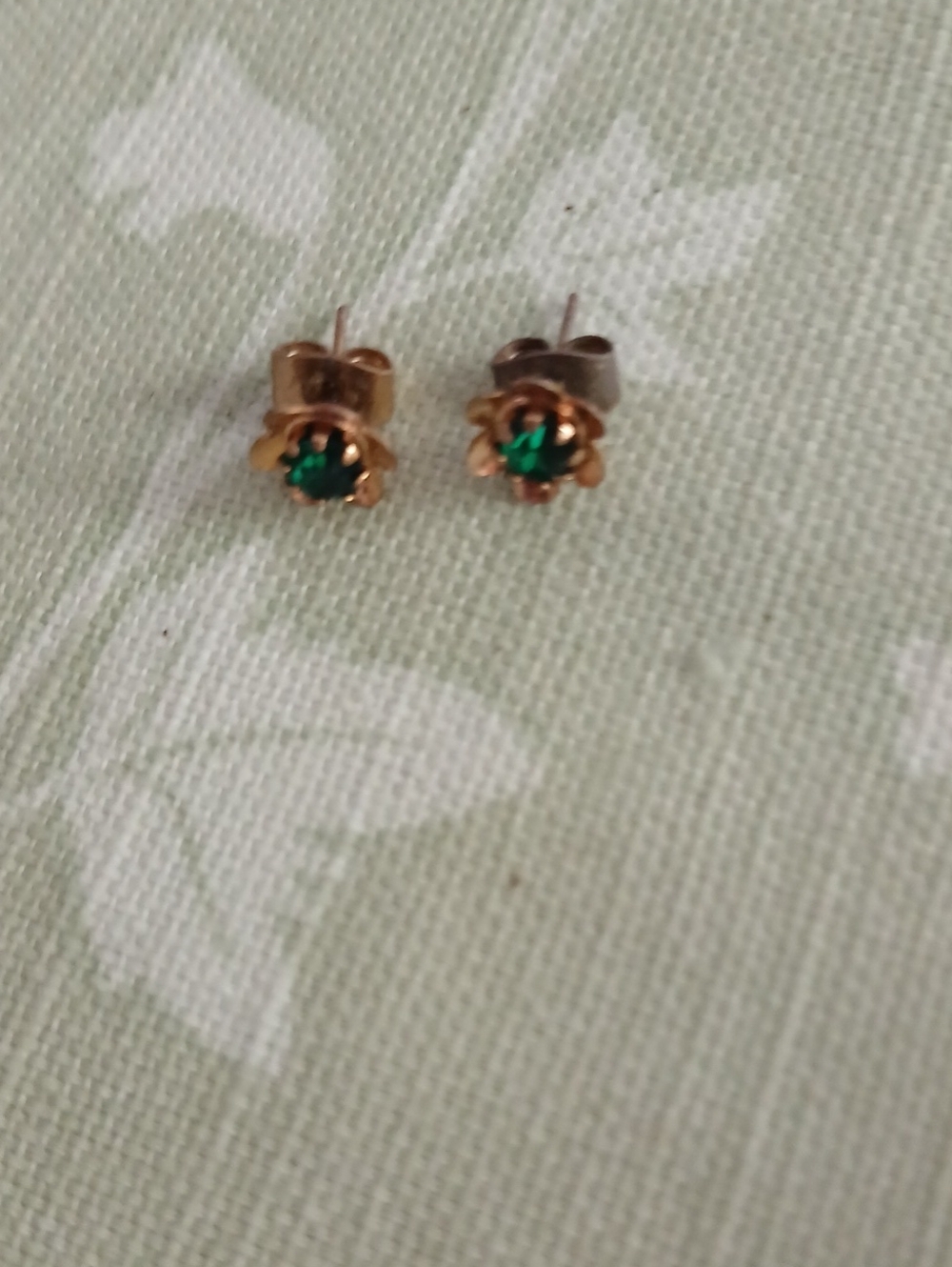 Gold Flower Stud Earrings with Green Stone Vintage
